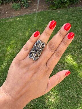 Vintage Style 925 Sterling Silver Statement Ring Blue & White CZ Cocktail Ring 7